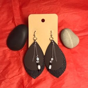 Lightweight leather earrings, Black and dark brown,  beaded.
